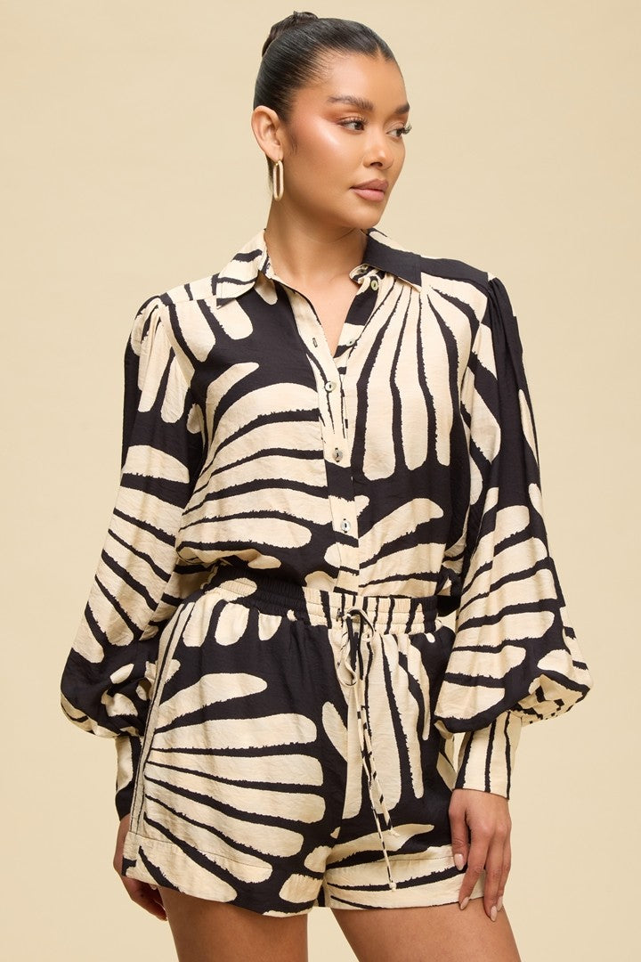 Abstract Print Long Sleeve Shirt & Shorts Matching Set