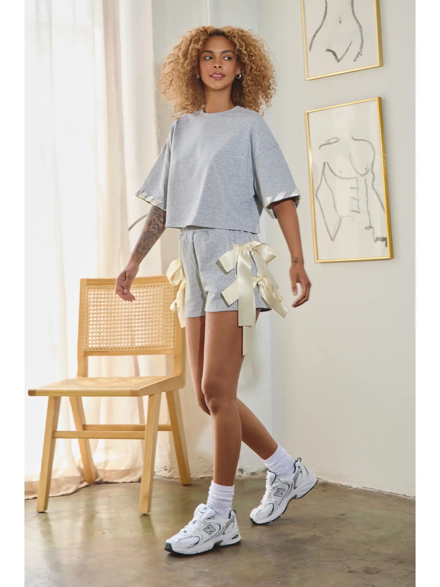 Heather Gray Cropped Lounge Top with Satin Sleeve Trim
