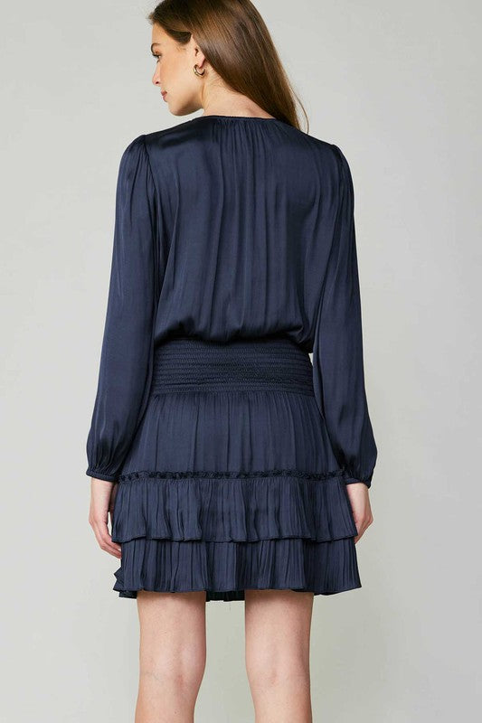 Navy Satin Pleated Tiered Mini Dress with Smocked Waist