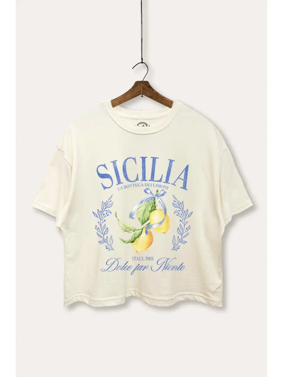 Sicilia Lemon Graphic Cropped Tee in Cream