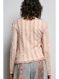Textured Long Sleeve Knit Top with Lace Trim and Ruffle Hem