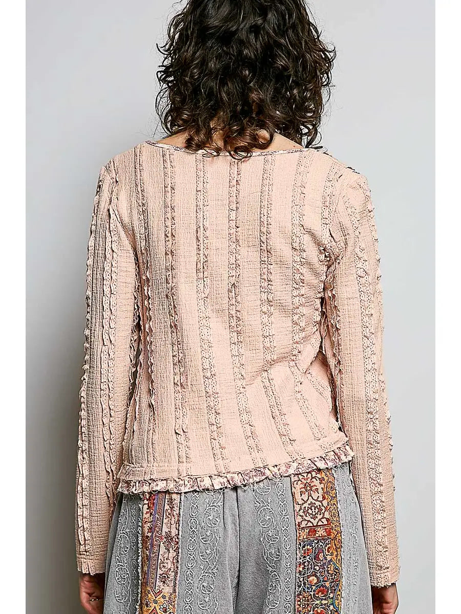 Textured Long Sleeve Knit Top with Lace Trim and Ruffle Hem