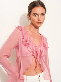 Sheer Ruffle Tie-Front Chiffon Blouse in Rose Pink