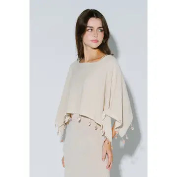 Nude Sheer Knit Poncho Top with Shell Tassel Trim