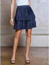 Navy Pleated Tiered Mini Skirt with Elastic Waistband
