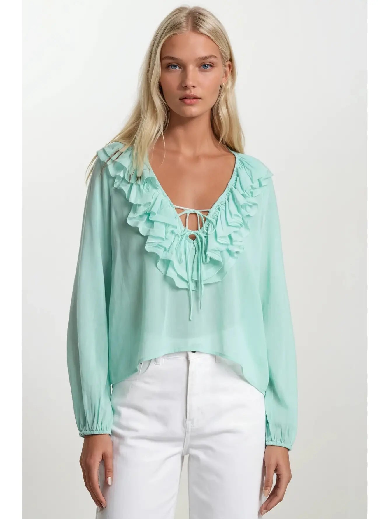 Ruffle Trim Tie Neck Blouse in Mint Green