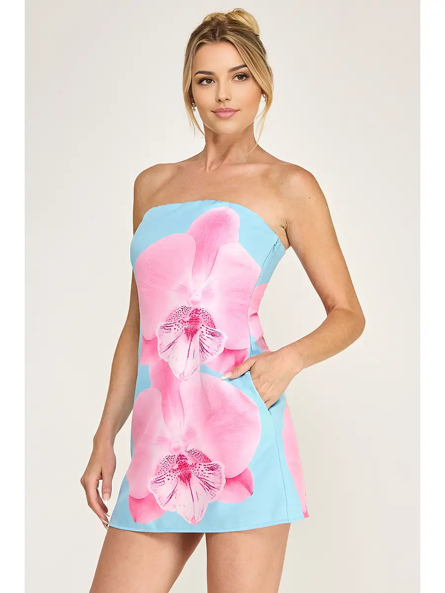 Blue & Pink Orchid Print Strapless Mini Dress