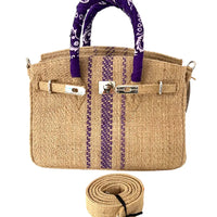 Natural Burlap Tote Bag with Purple Stripe Detail and Scarf Wrapped Handles