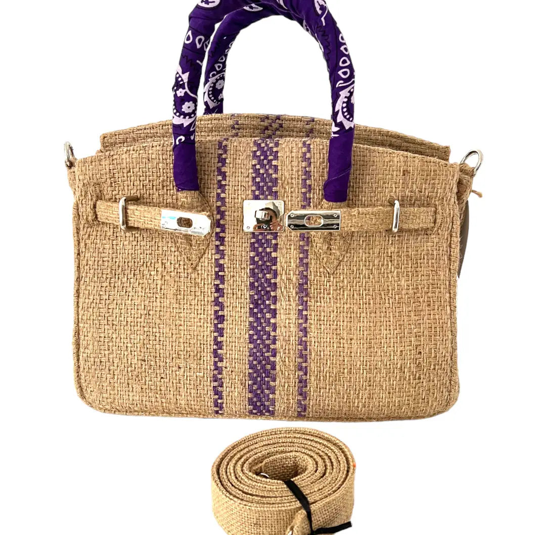 Natural Burlap Tote Bag with Purple Stripe Detail and Scarf Wrapped Handles