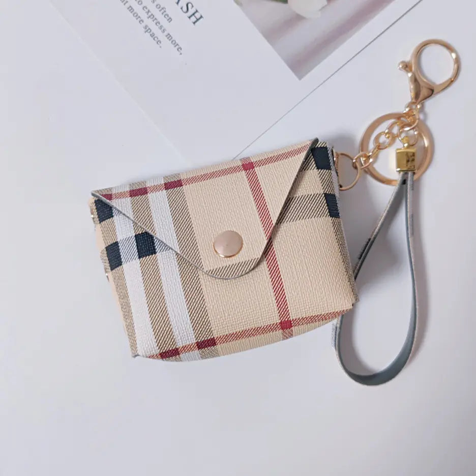 Checkered Mini Coin Pouch Keychain with Wrist Strap