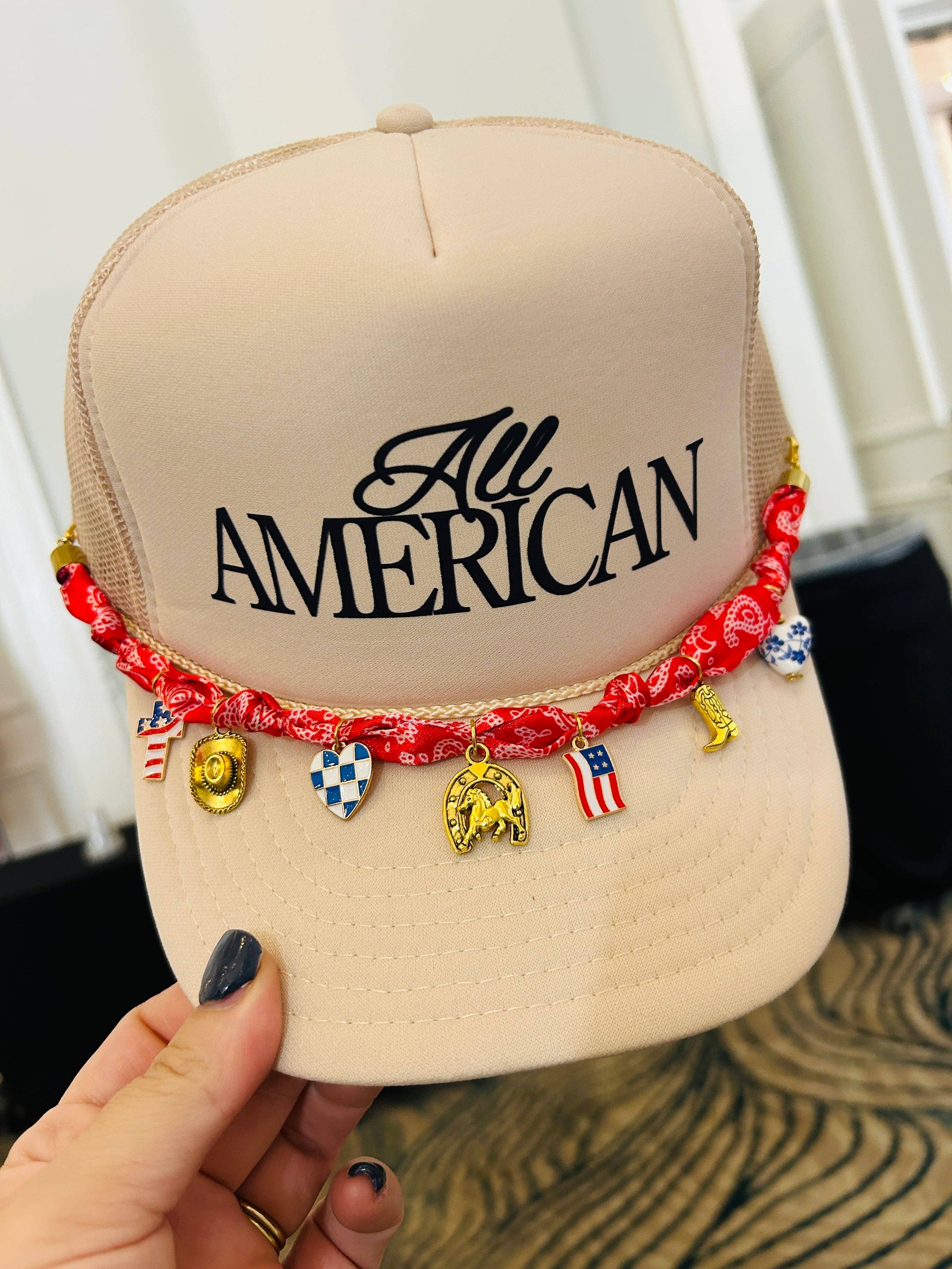 All American Cream Trucker Hat: WITH CHARM CHAIN