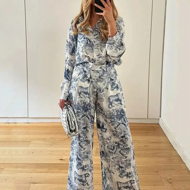 Toile Print Button Down Shirt and Wide Leg Pants Two Piece Set