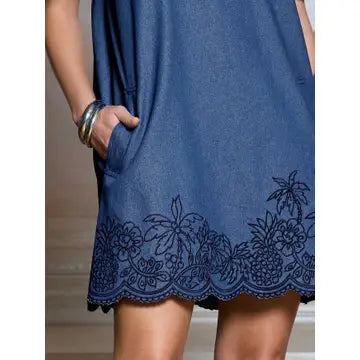 Denim Blue Embroidered Puff Sleeve Mini Dress