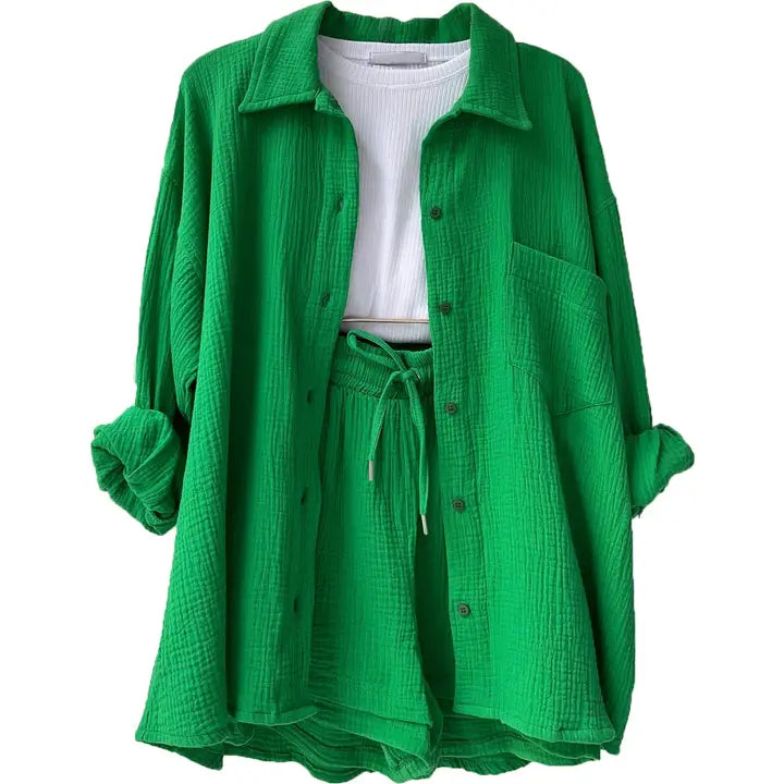 Green Relaxed Button-Up Shirt and Drawstring Shorts Two-Piece Set