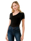 Asymmetric Neckline Black Tee with Gold Shoulder Buttons