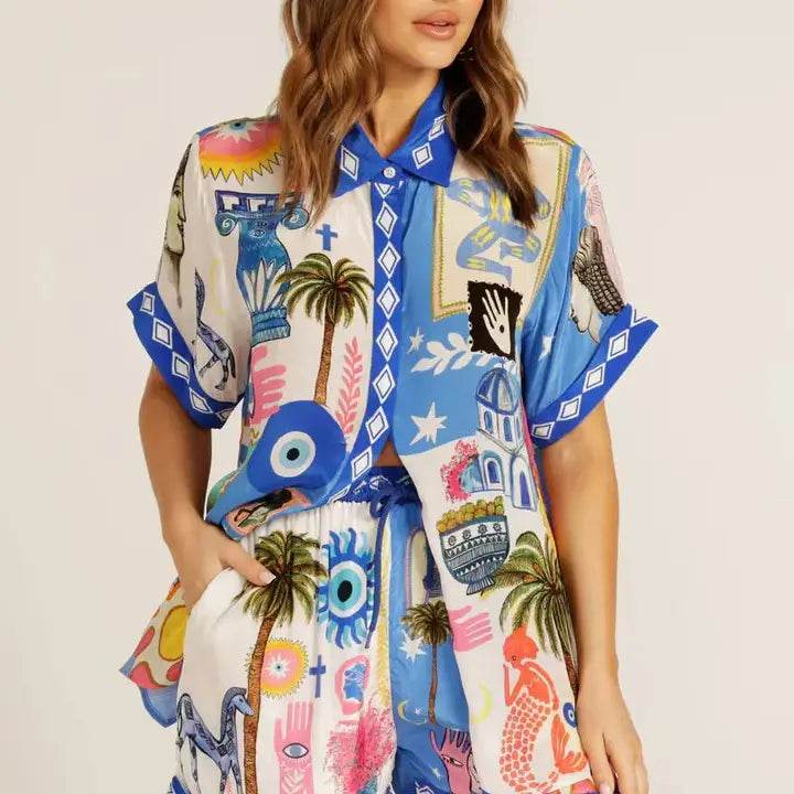 Blue Mediterranean Print Button-Up Shirt and Drawstring Shorts Set