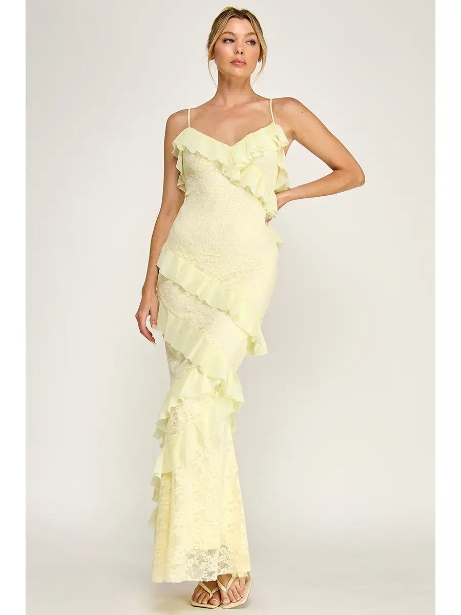 Light Yellow Lace Ruffle Strap Maxi Dress