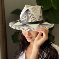 Straw Wide Brim Hat with Black Geometric Thread Detail