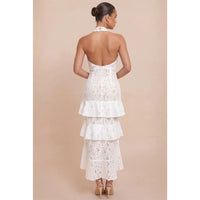 White Lace Halter Tiered Ruffle Midi Dress with Bow Detail