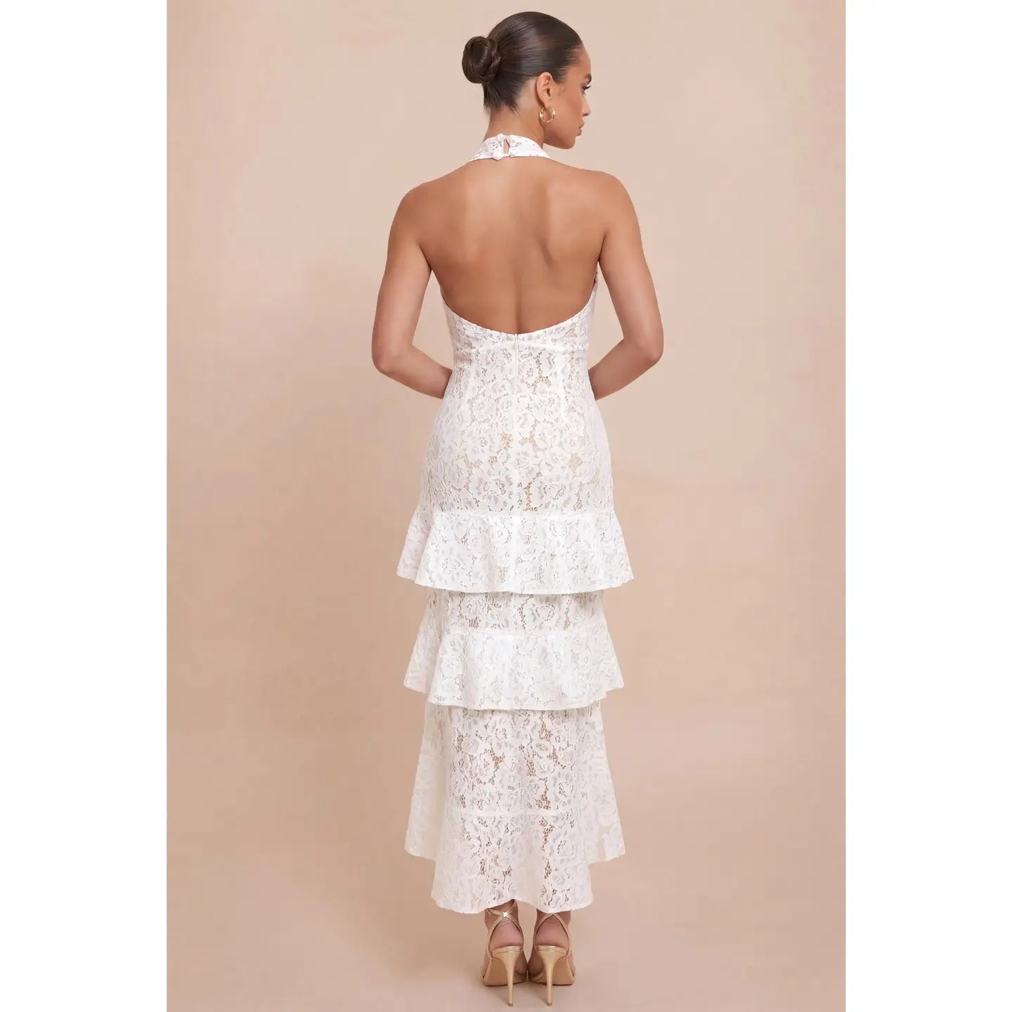 White Lace Halter Tiered Ruffle Midi Dress with Bow Detail