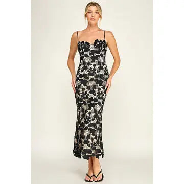 Black Lace Corset Midi Dress with Lace-Up Back