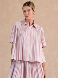 Pink Pleated Button Front Short Sleeve Collared Blouse