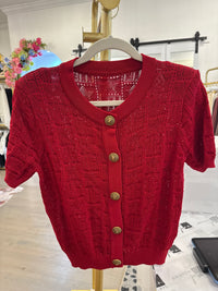Gold Button Pointelle Short Sleeve Knit Sweater