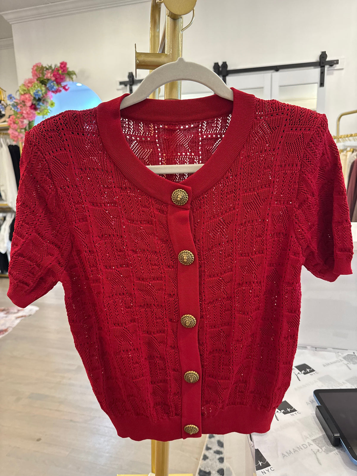 Gold Button Pointelle Short Sleeve Knit Sweater