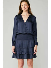 Navy Satin Pleated Tiered Mini Dress with Smocked Waist