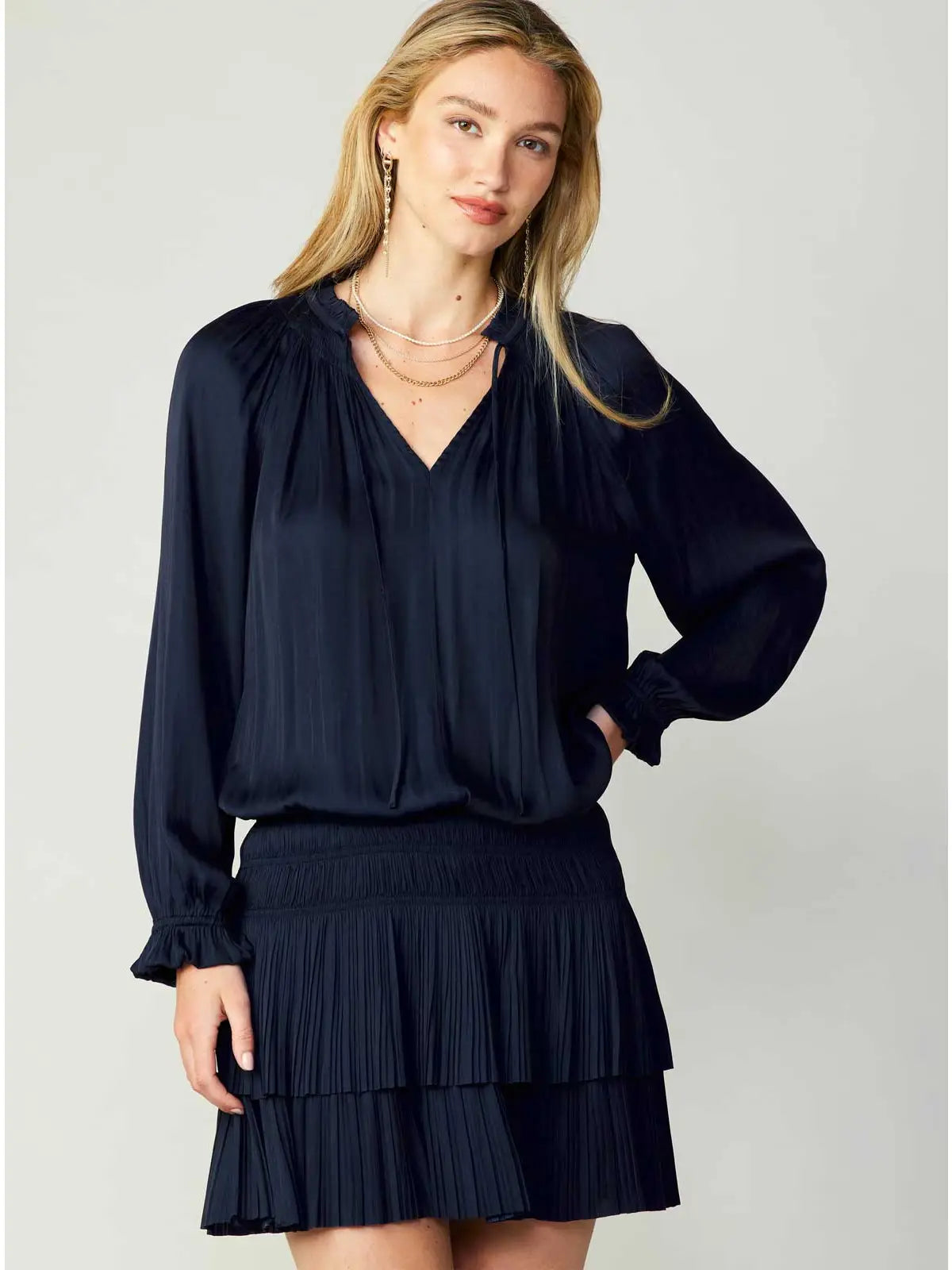 Navy Pleated Tiered Mini Dress with Smocked Waist and Long Sleeves