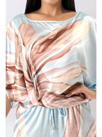 Blue Satin Floral Dolman Sleeve Top & Wide-Leg Pants Set