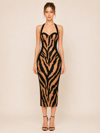SCUBA ZEBRA PRINT HALTER SHAPEWEAR MAXI DRESS