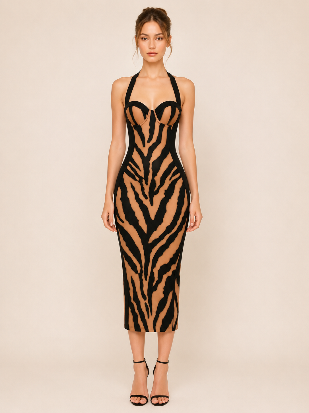 SCUBA ZEBRA PRINT HALTER SHAPEWEAR MAXI DRESS