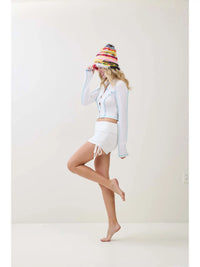 White Ribbed Button Front Hooded Crop Top with Contrast Stitching