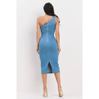 Denim Corsage One Shoulder Midi Dress