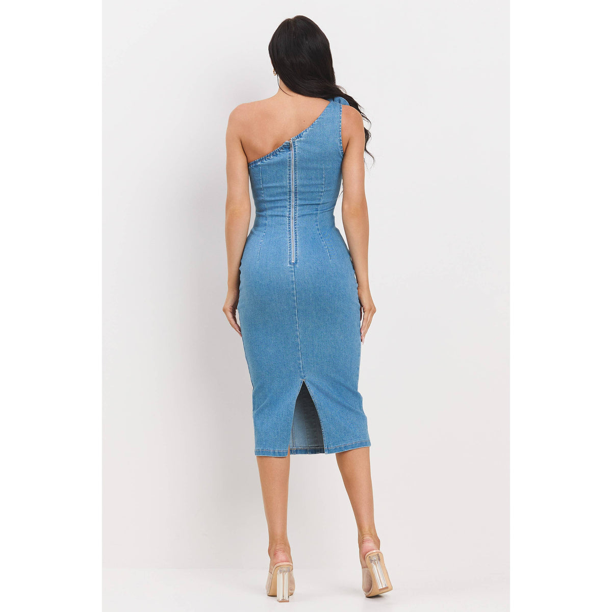 Denim Corsage One Shoulder Midi Dress