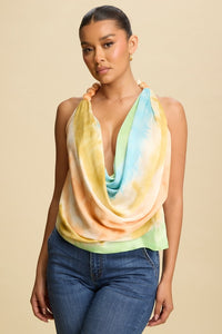 Tie-Dye Beaded Halter Cowl Neck Top