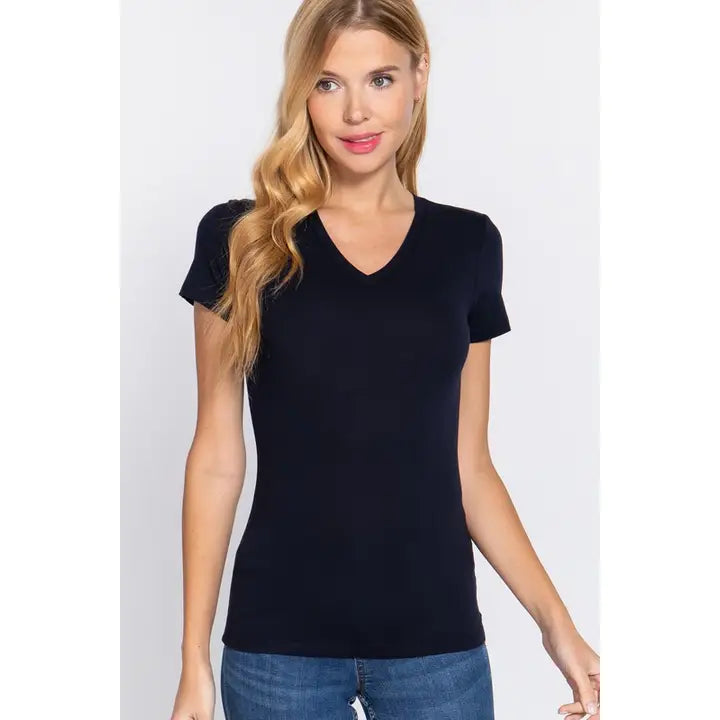 Classic Navy V-Neck Short Sleeve Fitted Tee