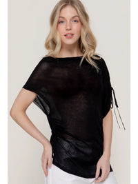 Black One Shoulder Drawstring Side Top