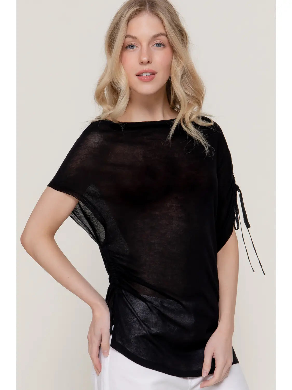 Black One Shoulder Drawstring Side Top