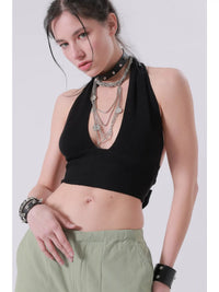 Black Ribbed Halter Neck Crop Top with Deep V Neckline
