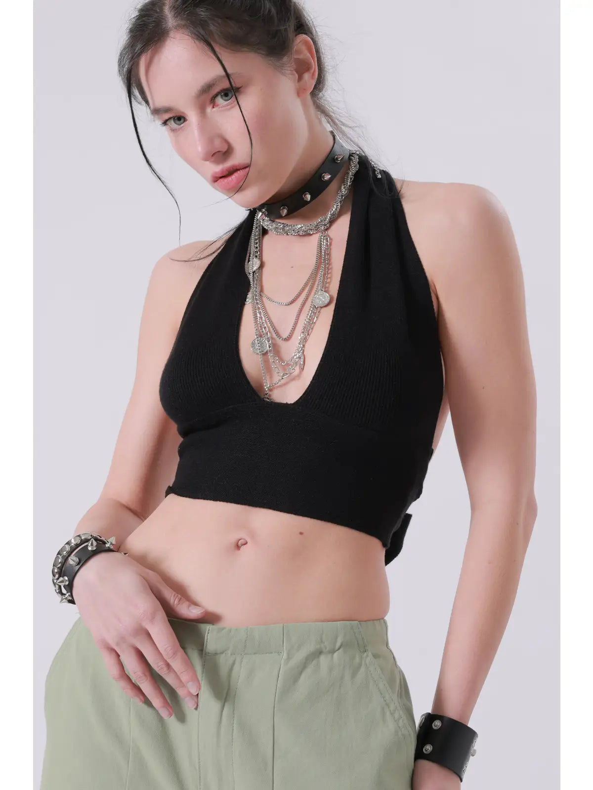 Black Ribbed Halter Neck Crop Top with Deep V Neckline