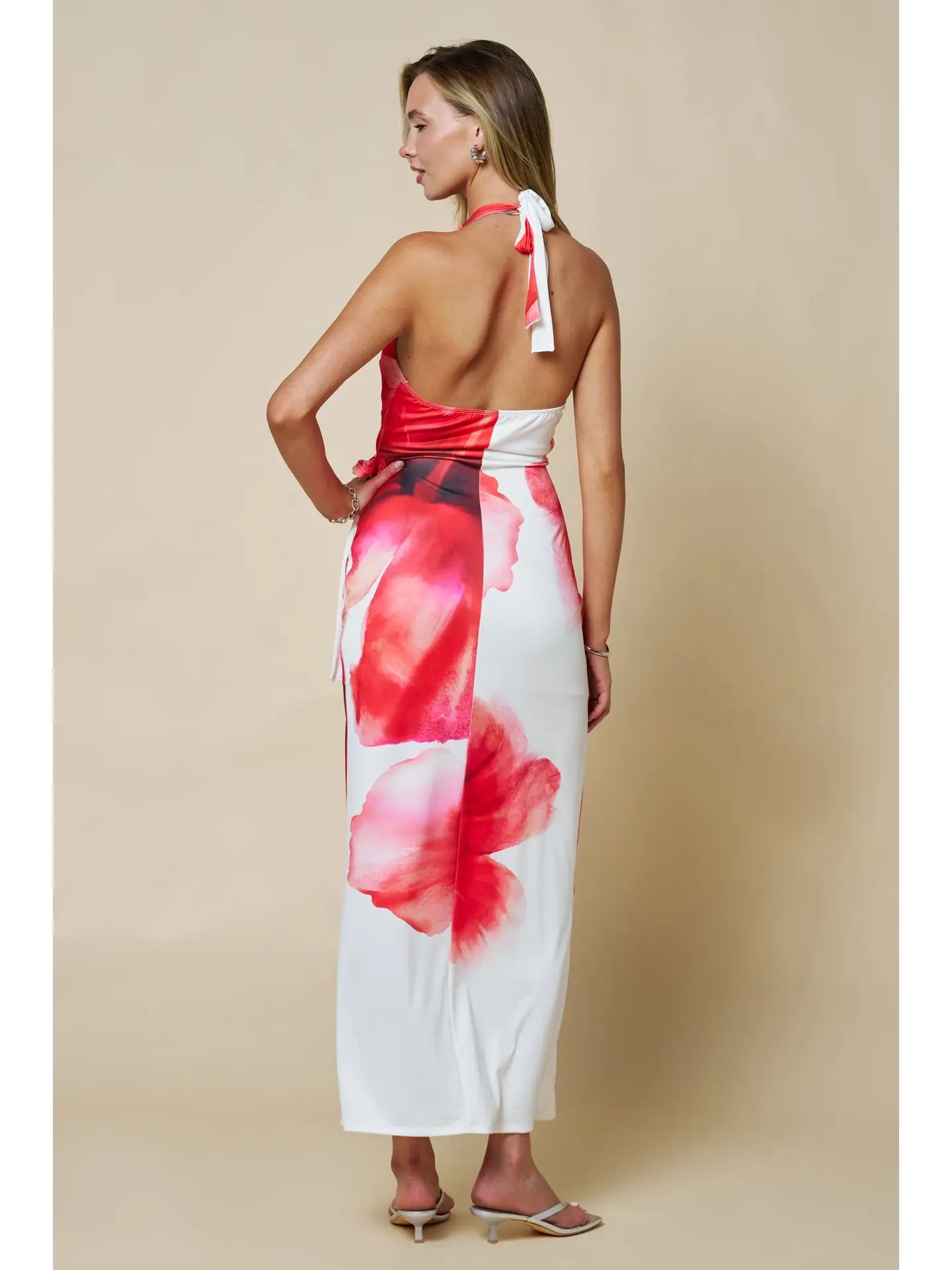 Red Floral Halter Wrap Maxi Dress with Side Tie and Front Slit