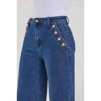 High Waist Button Detail Wide Leg Flare Jeans