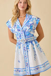 Blue Floral Belted Button-Front Mini Dress