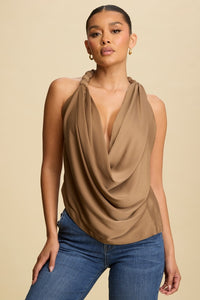 Taupe Draped Halter Top with Braided Neck Detail