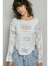 White Lace Texture Knit Slim Fit Top