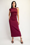 Asymmetric Shoulder Ruched Midi Dress