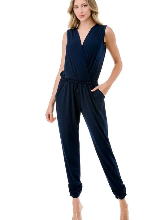 Navy Sleeveless Surplice Jogger Leg Jumpsuit