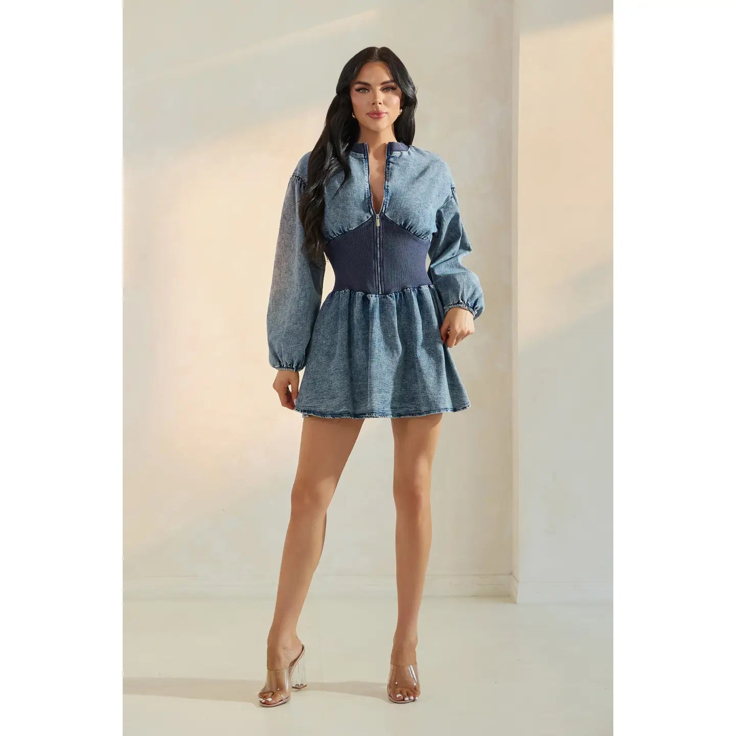 Denim Zip-Front Mini Dress with Corset Waist Detail S Denim Zip-Front Mini Dress with Corset Waist Detail S